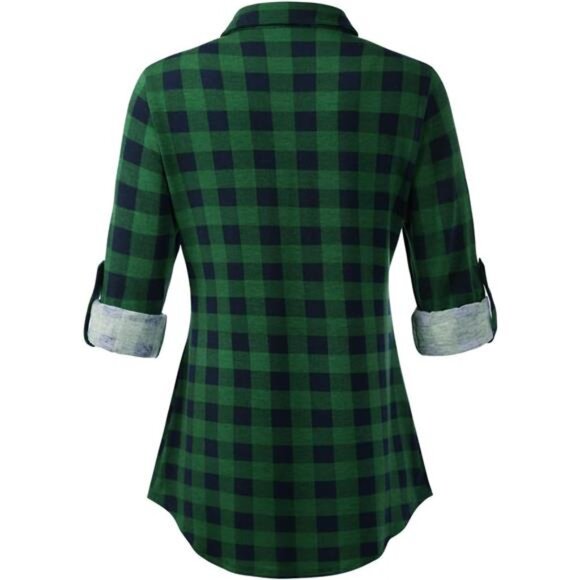 Women's Soft Stretchy Knit Plaid Shirt - Roll-Up Long Sleeve - Picture 3 of 7